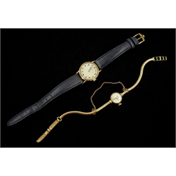  Omega 9ct gold manual wind wristwatch, hallmarked on leather strap and an Accurist 9ct gold bracelet wristwatch, hallmarked  