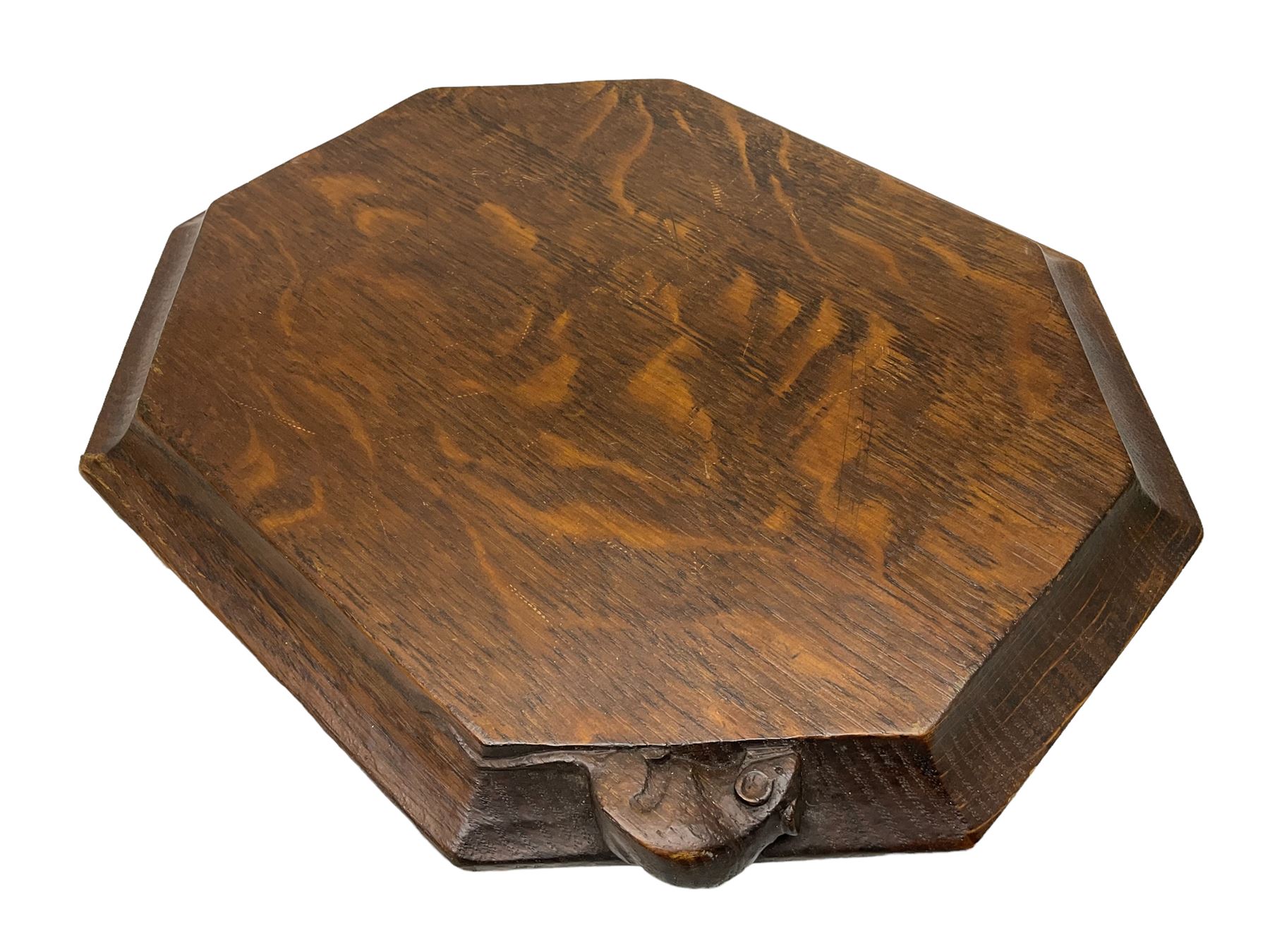 Mouseman adzed oak breadboard, canted rectangular form with moulded