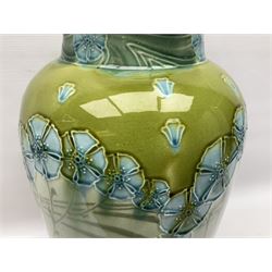 Leon Solon and John Wadsworth for Minton, large Secessionist vase, shouldered form, decorated with flower heads and foliage on a blue green ground, H46cm