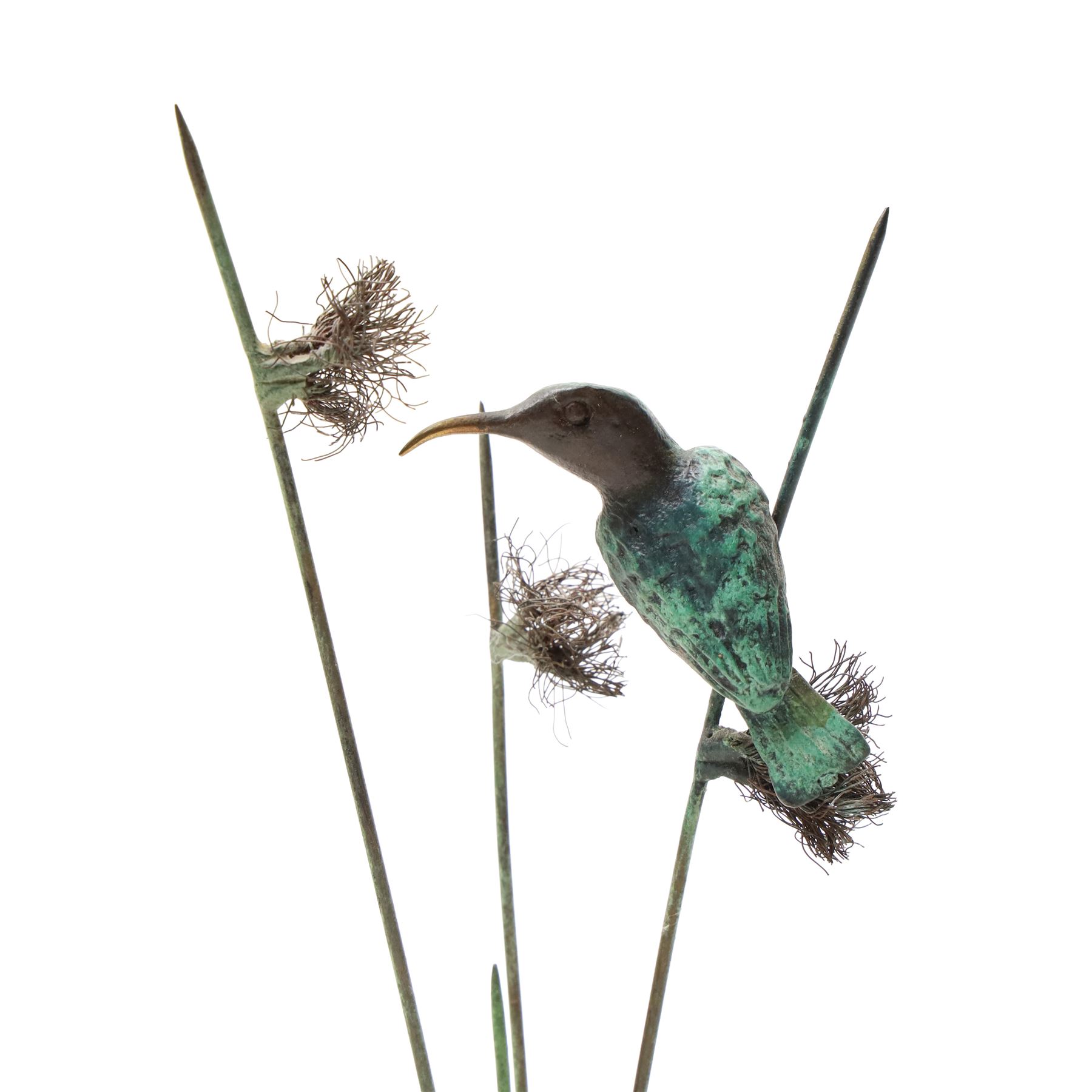 Denis Mathews (Matbronze) -  Bronze of a bee-eater on a branch, signed and dated 1999 wooden plinth H25cm, bronze model of a lizard L11cm, a malachite bowl D11cm and a malachite rhinoceros L11cm 