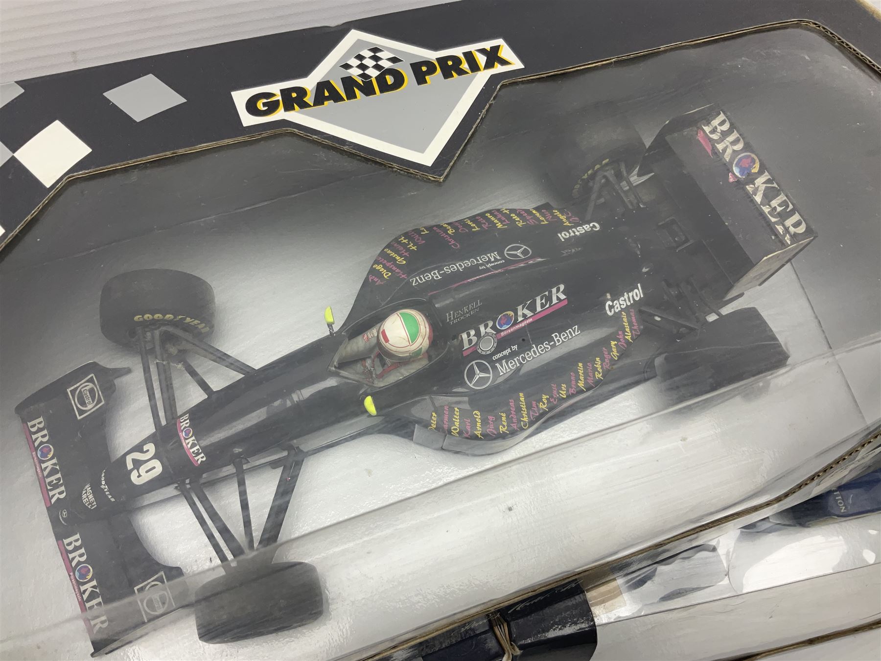 Three Paul's Model Art Grand Prix 1:18 scale die-cast racing cars - Sauber Mercedes C13 A. De Cesaris G.P. Canada 1994; Ferrari F 93 A Jean Alesi; and Benetton B 194/5 Showcar 1995 J. Herbert; all boxed (3)