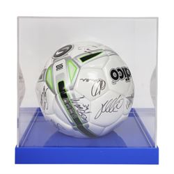 Sondico football signed at the Den by the Millwall football team December 2012, contained within a Perspex display case