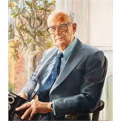 Margaret Stella Murray Whatley (British 1942-2019): Portrait of Arthur C Clarke holding a copy of 2001 A Space Odyssey, oil on canvas signed, 75cm x 64cm
Notes: This item is from the private collection of Arthur C. Clarke's brother. 