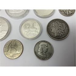 United States of America 1896 Morgan one dollar coin, 1893 'Columbian Exposition' commemorative half dollar, 1945 standing Liberty half dollar, Queen Elizabeth II Australia 1993 one ounce fine silver dollar, Canada 1967 and 1995 one dollar coins etc (15)
