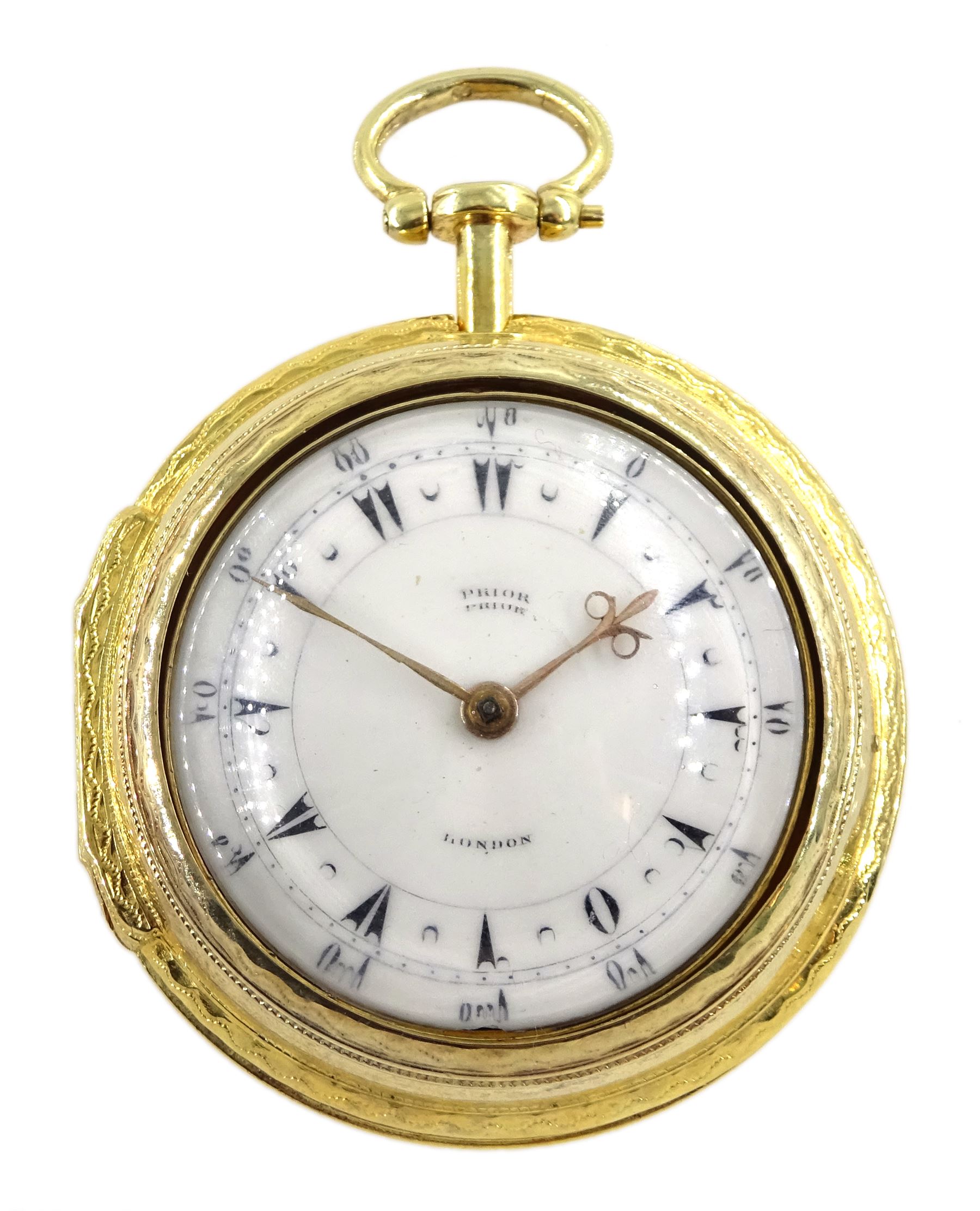 19th century silver-gilt pair cased verge fusee pocket watch for the Turkish market by Edward Prior (London 1800-1868), No. 43339, tulip pillars, pierced and engraved balance cock decorated with a classical urn, white enamel dial with Turkish numerals, beetle and poker hands and bull's eye glass