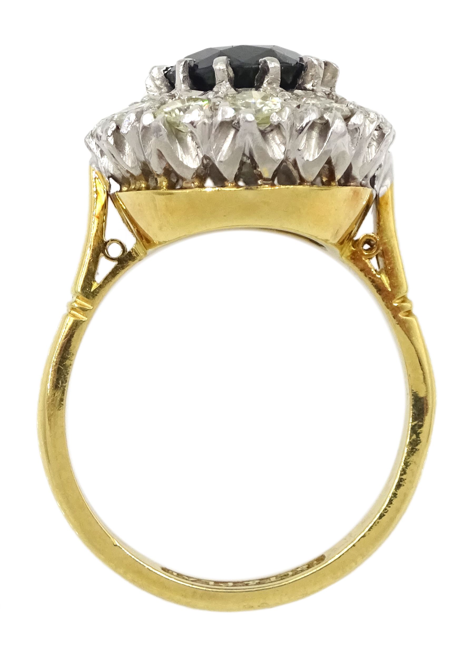 18ct gold and platinum oval sapphire and round brilliant cut diamond cluster ring, stamped, sapphire approx 2.80 carat, total diamond weight approx 1.00 carat and a 9ct gold band, hallmarked