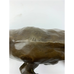 A bronze figure, modelled as a cougar in crouching pose, signed Milo and with foundry mark, L40cm. 