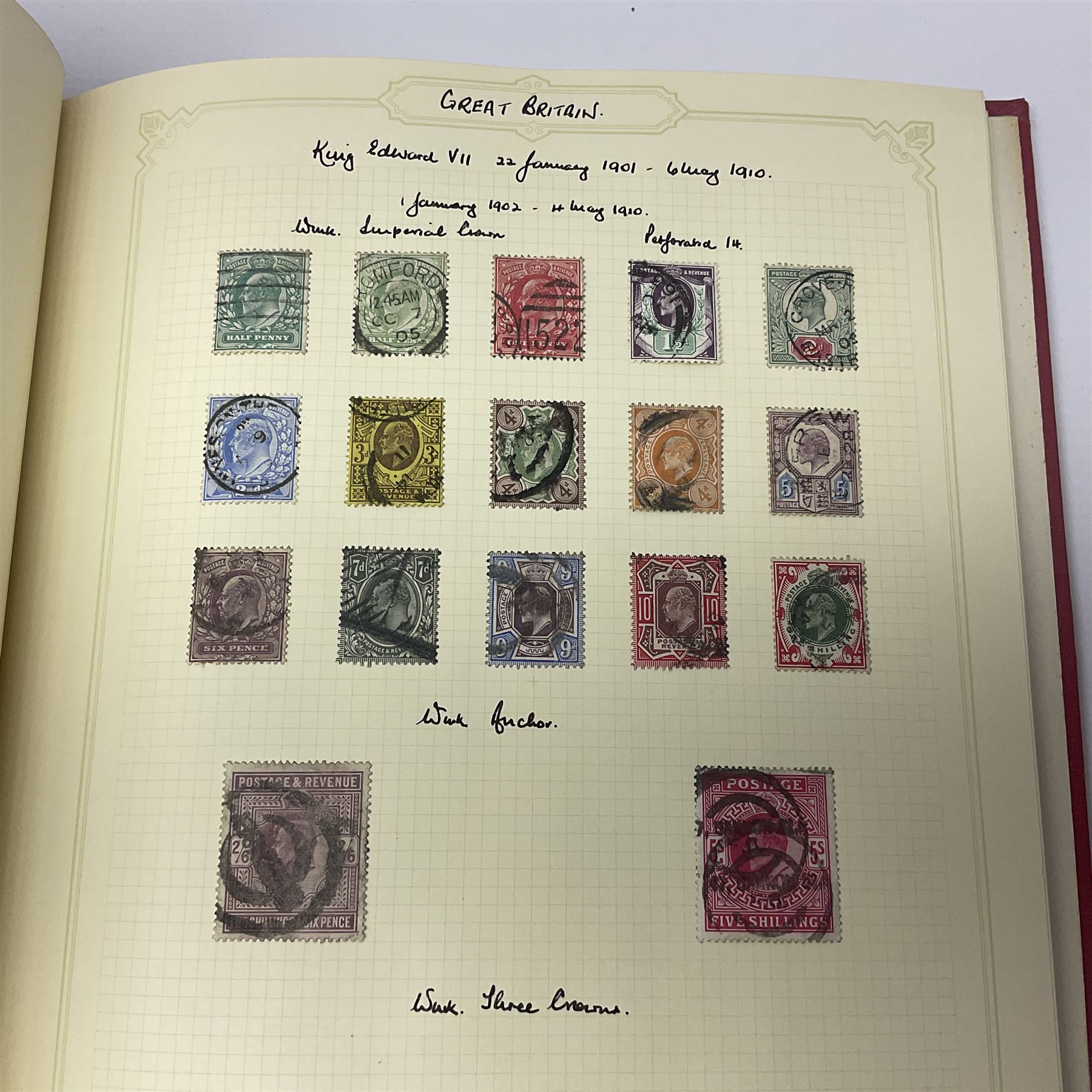 Mostly Great British Queen Victoria and later stamps, including penny black with red MX cancel, 1840 two pence blue with red MX cancel, imperf penny red with black MX cancel, perf penny reds, various Queen Victoria surface printed issues, King Edward VII two shillings sixpence and five shillings, King George V seahorses with values to ten shillings, King George VI with ten shilling dark blue used, Queen Elizabeth II pre and post decimal etc, housed in 'The Simplex Blank Album'