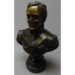  Large bronze bust of the Duke of Wellington on black marble stepped circular base, inscribed Wellington 1822 H36cm  