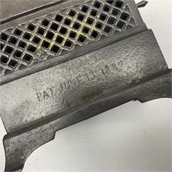 American 'Organ Bank' musical cast-iron mechanical money bank with hand cranked action and seated figure with two dancing dogs on top; locking door to base (no key); marked to the back 'Pat June 13 1882', H19cm