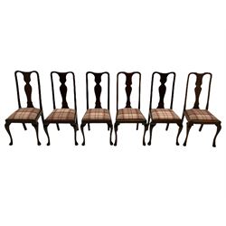 Mixed set of twelve early 20th century mahogany Queen Anne style dining chairs, all with shaped vase backs and cabriole front supports, matching drop-in seats upholstered in tartan patterned fabric