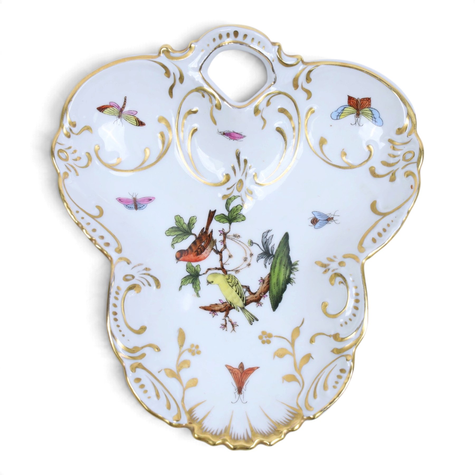 Herend, Hungary - Pair of ducks in blue fishnet decoration, together with goose in the same design and Herend trinket dish decorated with birds and insects, goose H11cm 