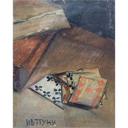 Ivan Puni (AKA Jean Pougny) (Russian 1892-1956): A Hand of Cards, oil on board signed in Cyrillic 23cm x 19cm
