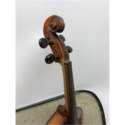 1920s German violin for completion with 36cm two-piece maple back and ribs and spruce top, lacks tailpiece, bridge and strings, 59cm overall, in carrying case