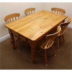  Solid pine rectangular dining table, turned supports (W153cm, H77cm, D92cm) and set five dining chairs (W43cm)  