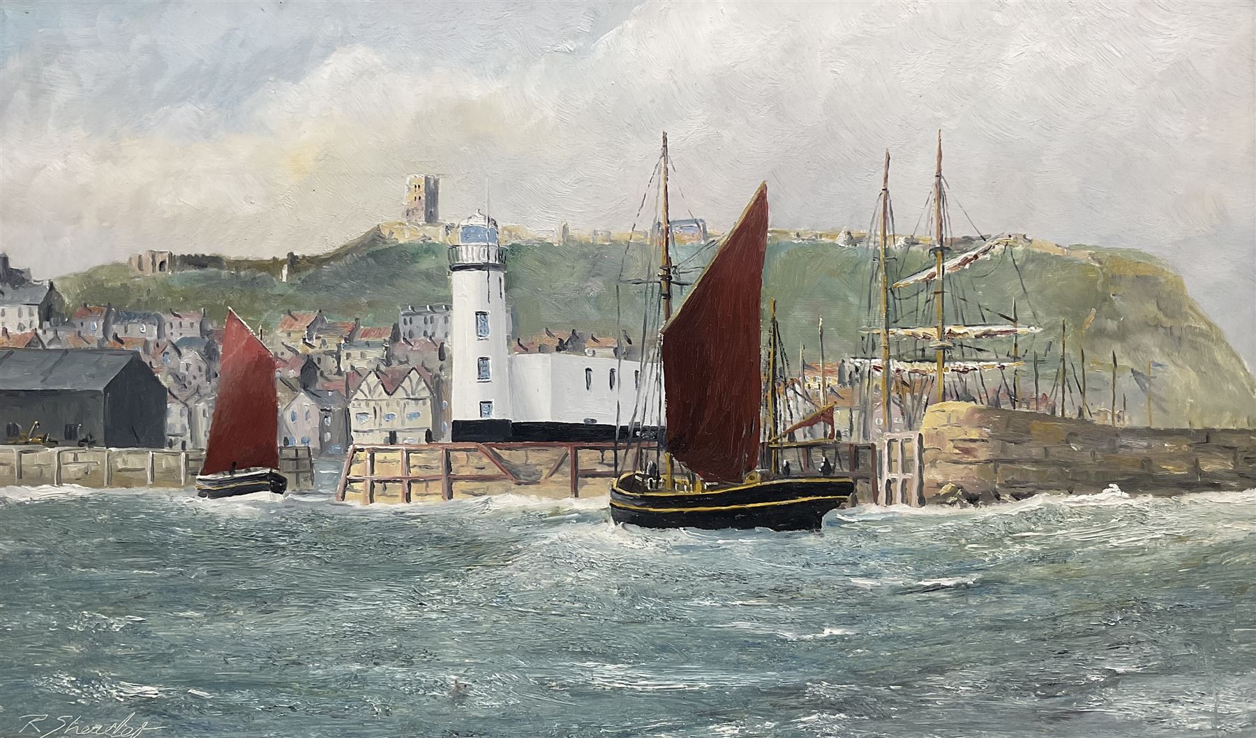Robert Sheader (British 20th century): Yawls Returning to Scarborough Harbour, oil on board signed 37cm x 60cm 