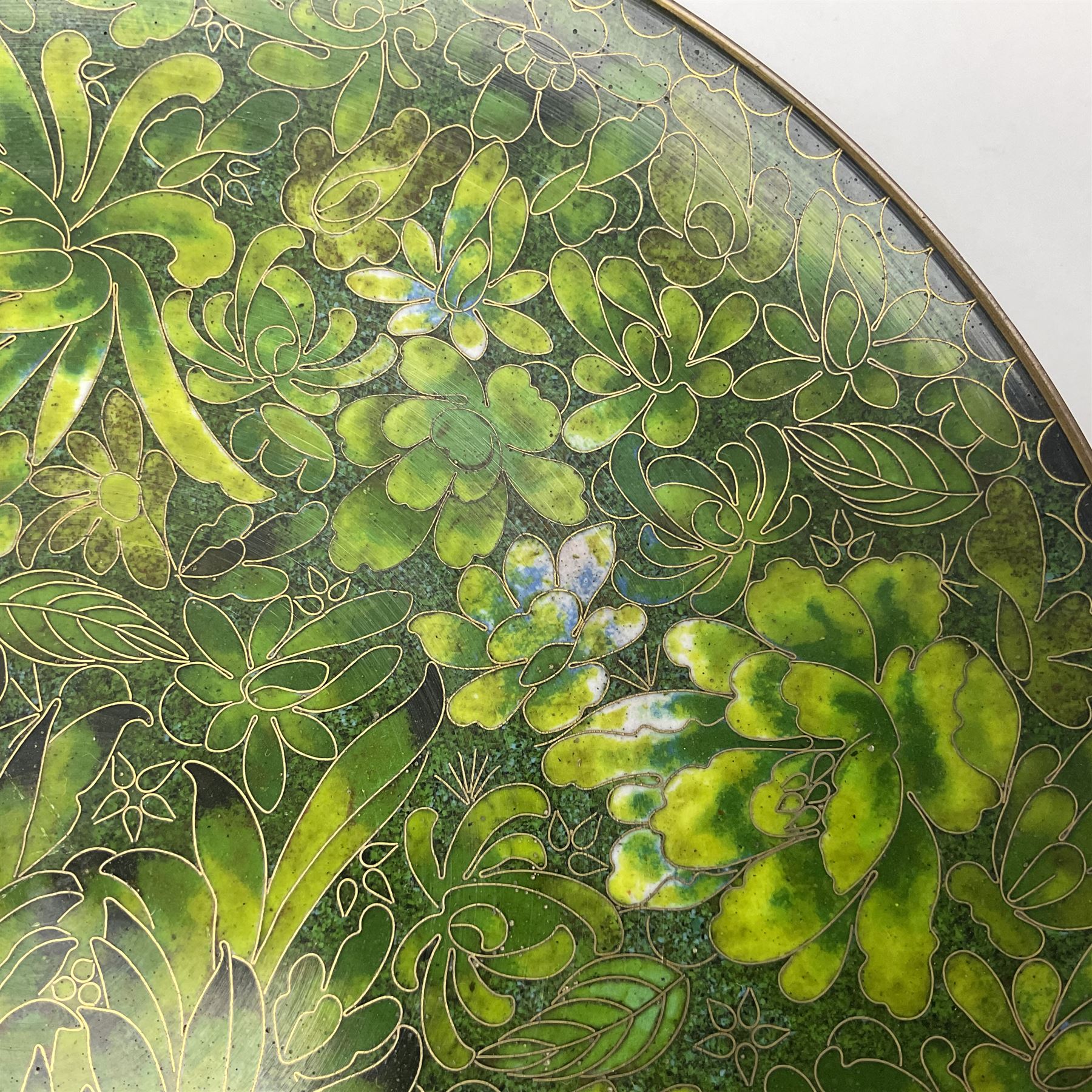 Pair of modern cloisonne ginger jars having floral decoration with a green ground, with hardwood stands, together with a similar plate and a bowl decorated with birds and flowers  