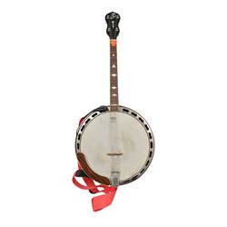 20th century four-string tenor banjo with mother of pearl inlaid fretboard, with 'The Gibs...