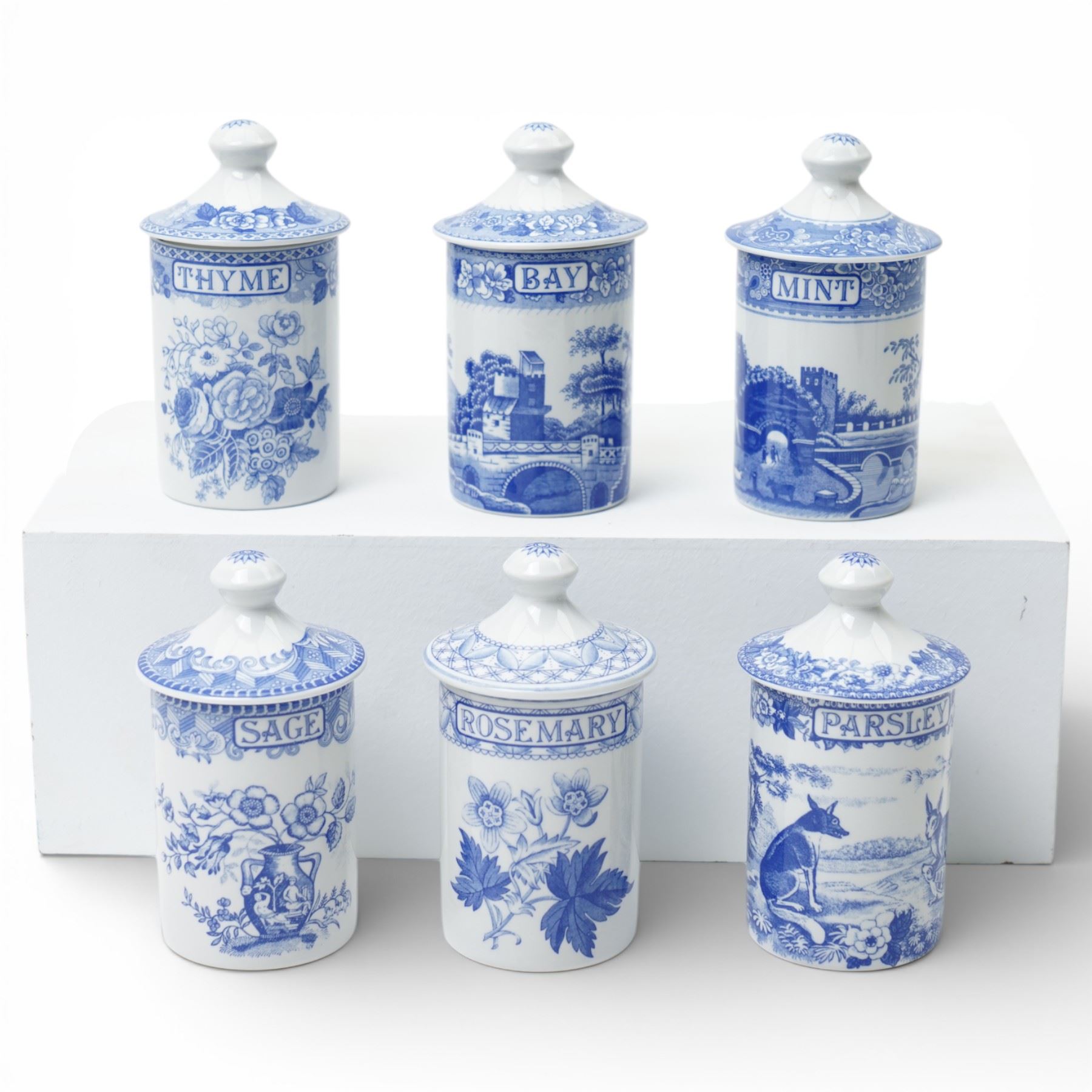 Set of six contemporary Spode 'The Spode Blue Room Collection' Spice Pots, boxed