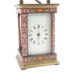 Late 20th century- Chinese 8-day timepiece carriage clock with Cloisonne work on a red ground to the four pillars, base and cornice, with painted porcelain panels to the sides, white enamel dial with Roman numerals and trefoil steel hands, platform escapement wound and set from the rear. With Key.