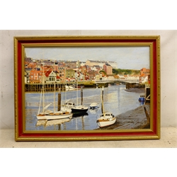 Tom S Hoy (British 20th century): Yachts in 'Whitby' Harbour, acrylic on board signed, titled verso 30cm x 44cm