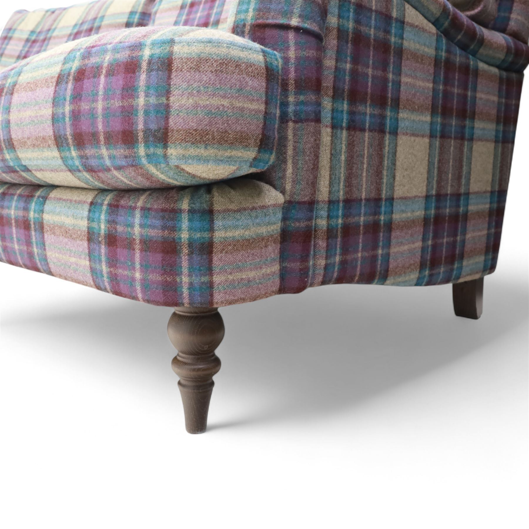 John Lewis - contemporary two seat sofa, upholstered in multicoloured check pattern fabric with removable seat and back cushions, gently scrolled arms and low square feet