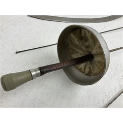 20th century Indian Tulwar sword with 71cm plain curving steel blade and iron hilt with extended langets, knopped grip and spiked pommel; in canvas covered wooden scabbard L87.5cm overall; together with five fencing swords comprising four foils and one epee, three marked Leon Paul, one in carrying case (6)