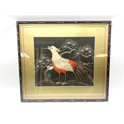 Needlework Hoho bird, in a faux bamboo frame