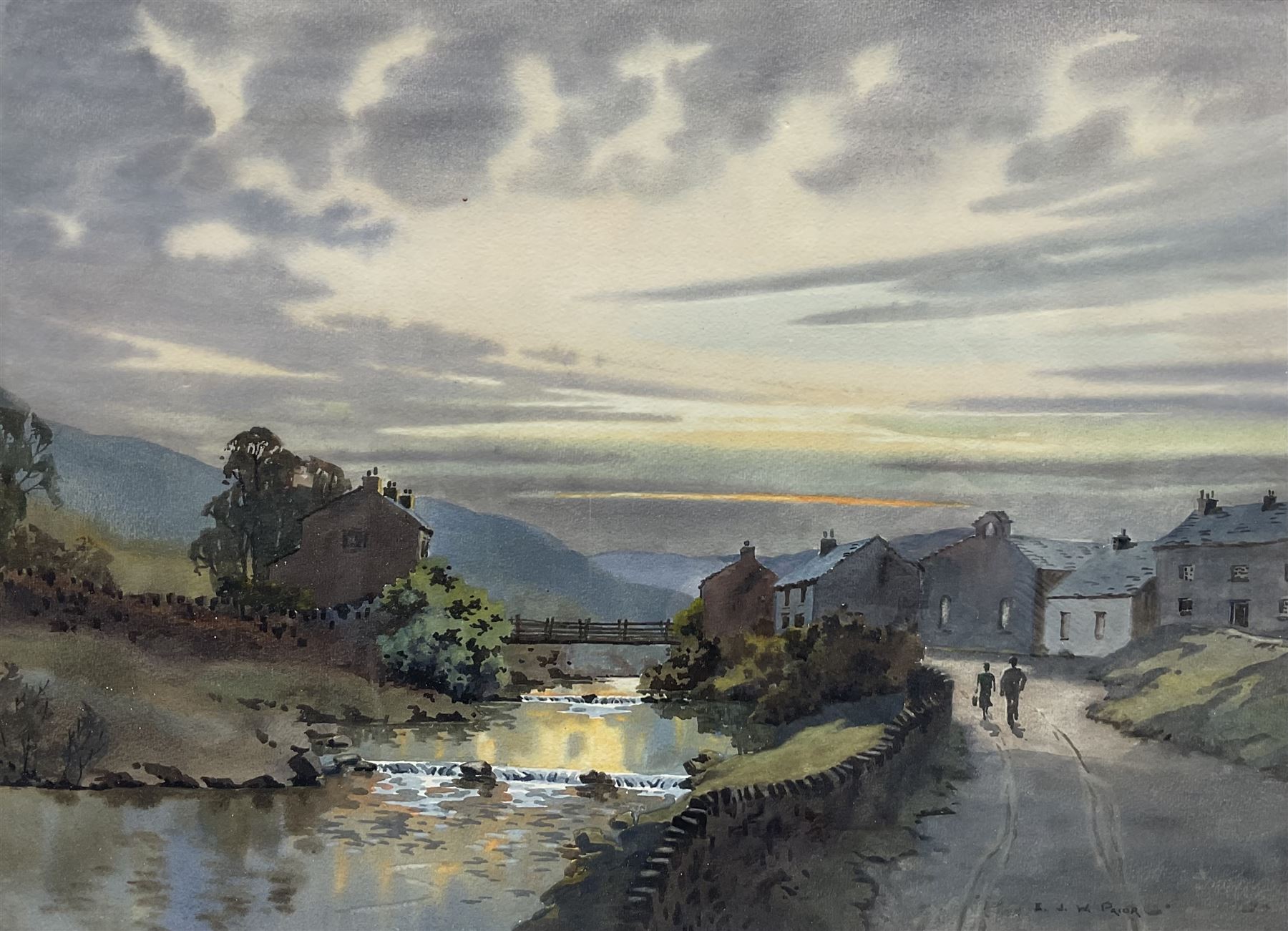 Ebenezer John Woods (Jack) Prior (British 1914-1988): An Evening Stroll, watercolour signed 37cm x 51cm 