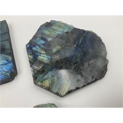 Five slabs of polished labradorite with raw edges, largest H9cm, L10cm