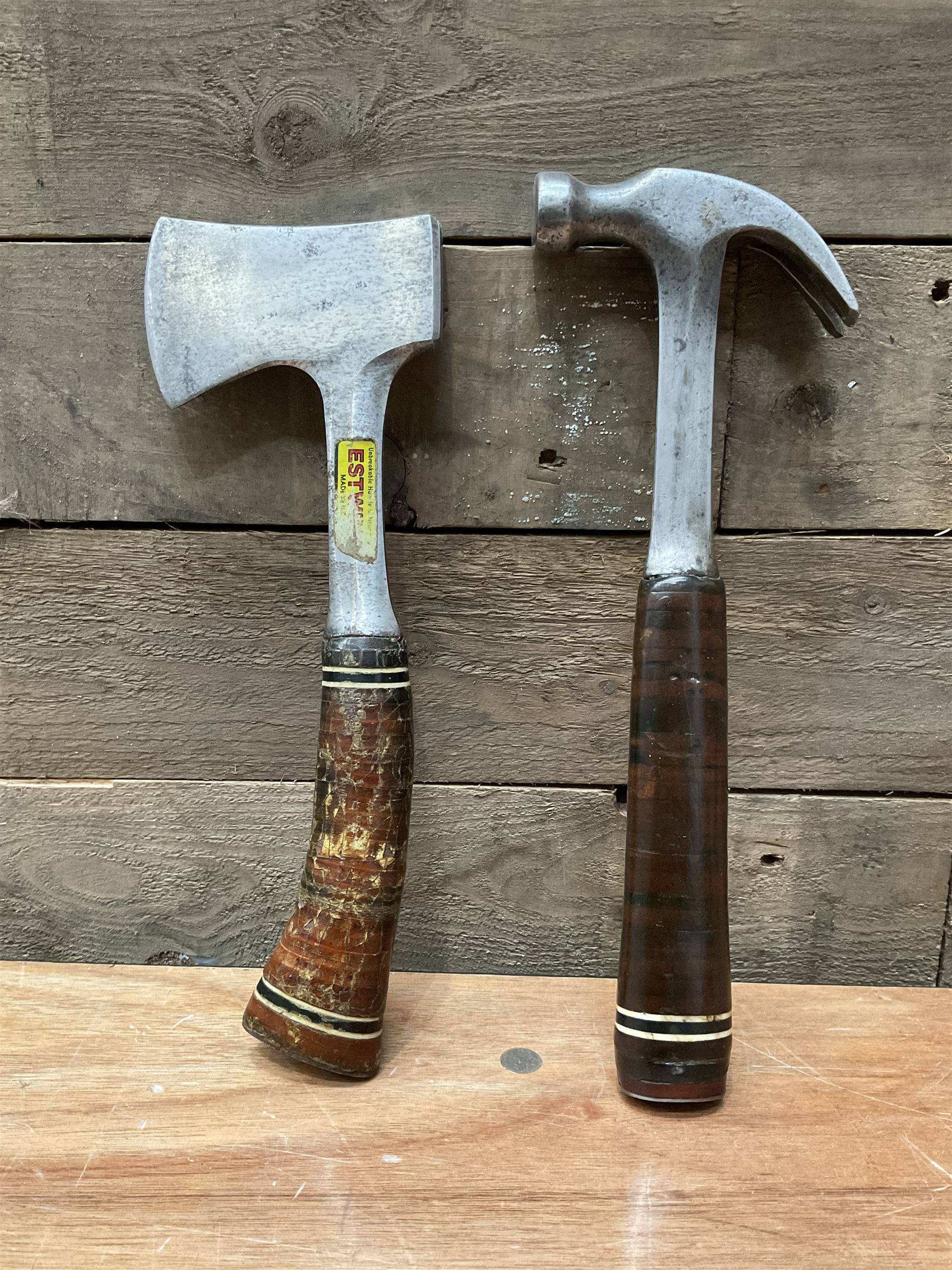 Estwing hatchet and hammer made in U.S, leather handles - THIS LOT IS TO BE COLLECTED BY APPOINTMENT FROM DUGGLEBY STORAGE, GREAT HILL, EASTFIELD, SCARBOROUGH, YO11 3TX