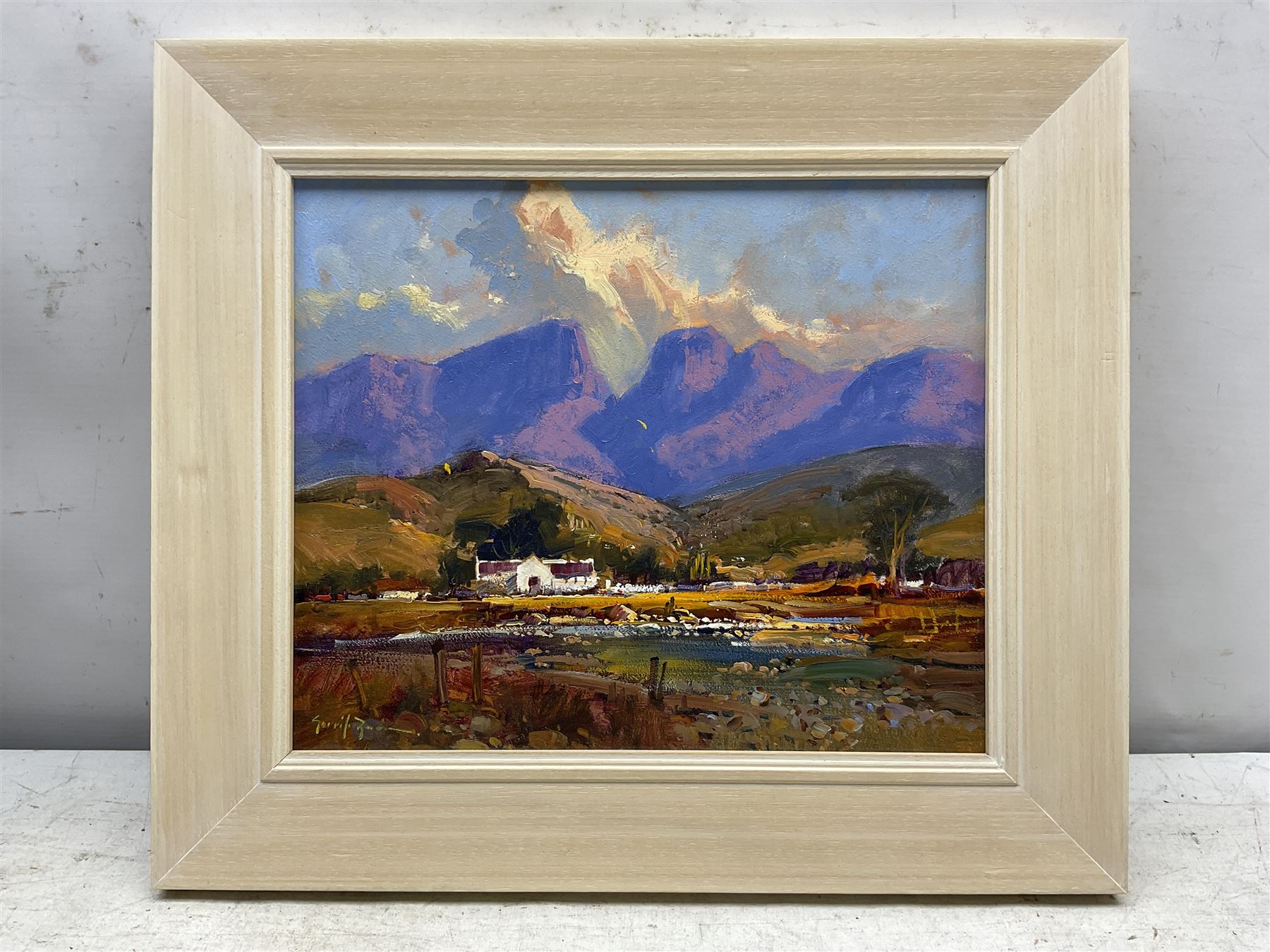 Gerrit Roon (South African 1937-2017): Mountainous Landscape, oil on board signed 24cm x 29cm