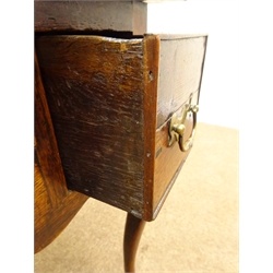  19th century oak low boy, moulded top, one long and two short drawers, shaped apron, cabriole legs on pad feet, W86cm, H69cm, D51cm  
