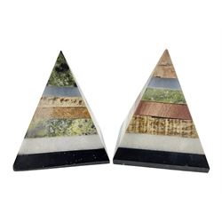 Pair of Pyramids, made of layers of various mineral specimens, H8cm 