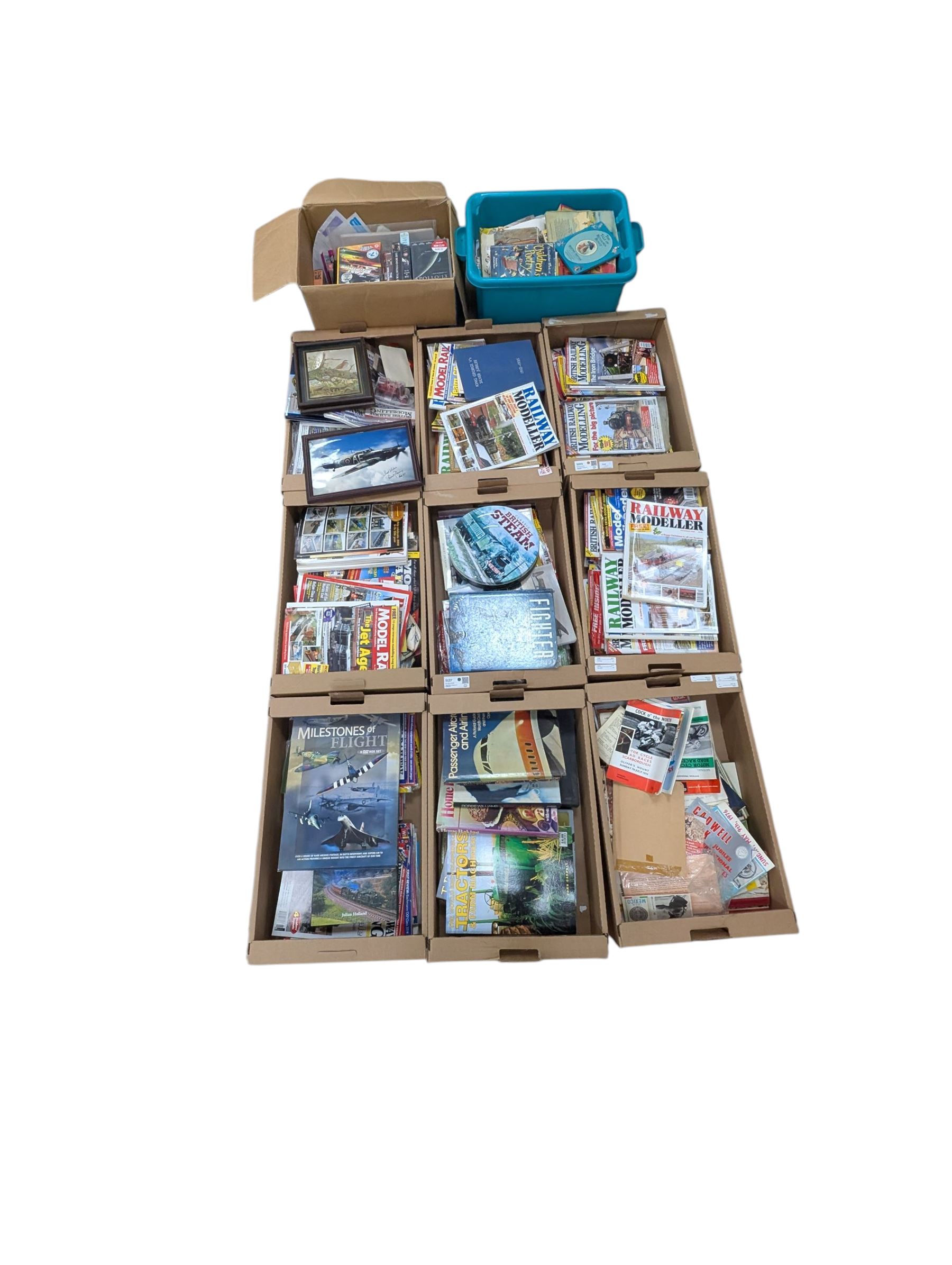Large collection of model railway magazines, including Railyway Modeller, British Railway Modelling and Model Rail, together with railway and similar reference books, childrens books and VHS tapes in eleven boxes