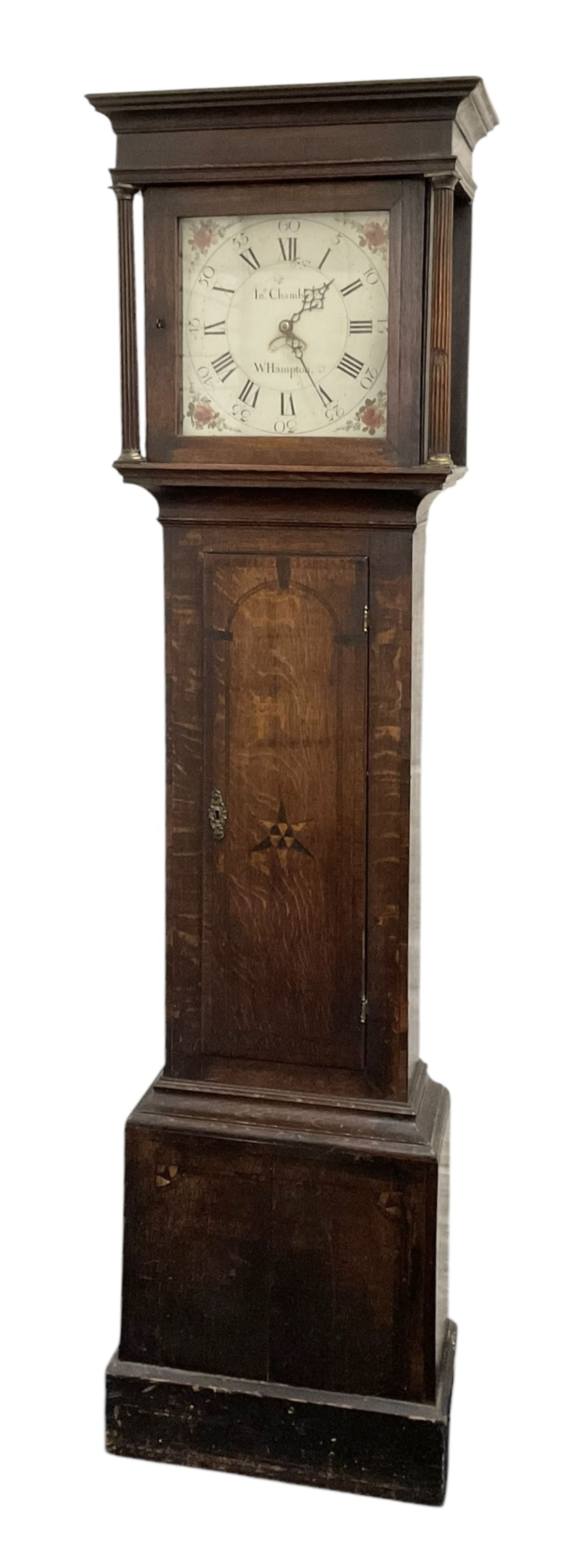 John Chambley of Wolverhampton - George III oak cased 30hr longcase clock c1790, with a flat topped hood and frieze, square hood door flanked by reeded pilasters with brass capitals, trunk with an inlaid full length door on a square plinth with applied skirting, 12