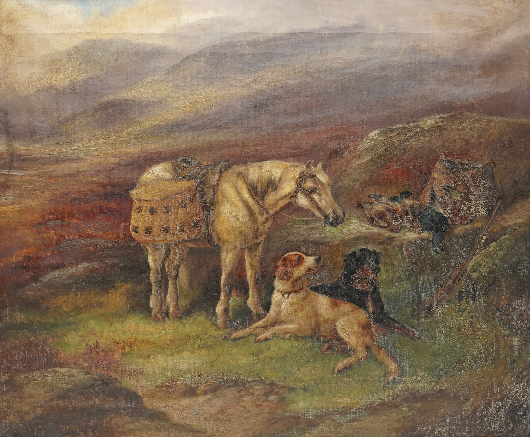 Robert Cleminson (British 1864-1903): Pony and Gun Dogs taking a Rest, oil on canvas signed 62.5cm x 75cm