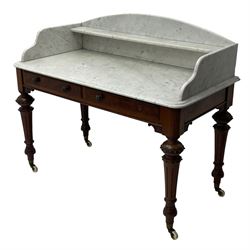 Victorian figured mahogany two-piece bedroom set - the washstand with white and black marble moulded top with arched back and raised shelf, two moulded frieze drawers, on turned and fluted supports with brass and ceramic castors (W123cm, D60cm, H102cm); the dressing table with raised swing mirror in moulded frame with shell and scroll carved pediment, on scrolled horns carved with foliage, four raised trinket drawers over moulded rectangular top, fitted with two drawers, on turned and fluted supports with brass and ceramic castors (W122cm, H177cm, D62cm)