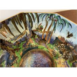 Early 20th century Wedgwood Fairland lustre bowl, circa 1920, of octagonal form, designed by Daisy Makeig-Jones, the exterior decorated in the Castle on the Road pattern, the interior decorated in the Fairy in a Cage pattern, pattern no Z5125, with printed marks beneath, H11cm D22.5cm
