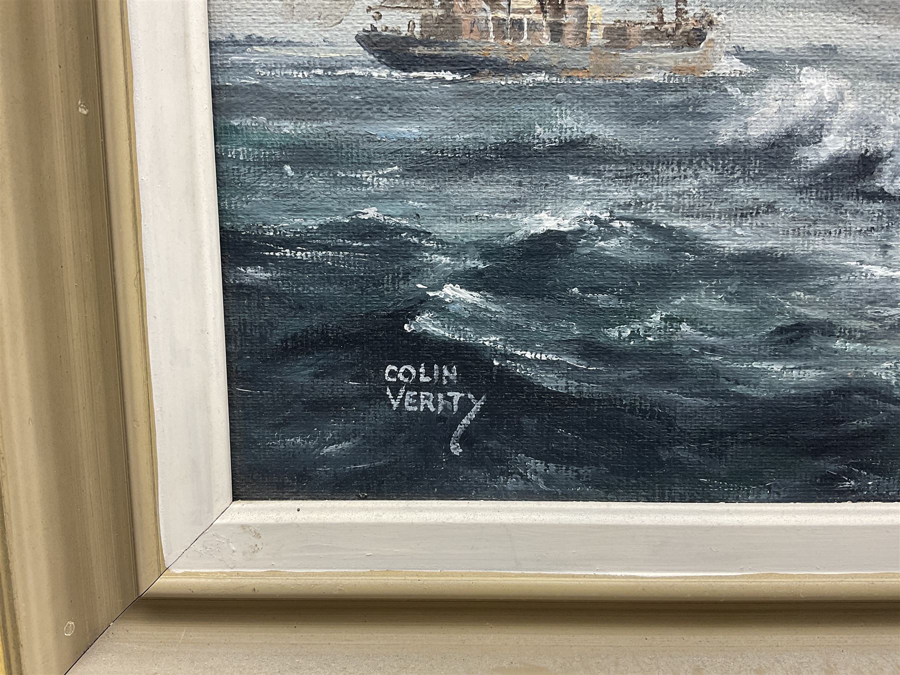 Colin Verity (British 1924-2011): 'Express Packet To Hamburg', the Great Central Railway Company steamer Immingham, oil on board signed, inscribed verso 34cm x 49cm 
Notes: Immingham, built by Swan Hunter of Wallsend and launched on 8th May 1906, was one of two 18 knot steamers commissioned by the GCR for the Grimsby-Rotterdam route, alongside Marylebone.
The ship's Parsons steam turbines were direct-drive units that proved uneconomic, and both vessels were soon rebuilt as single-screw steamships with the funnels of each reduced in number from two to one. She was requisitioned in 1915 by the Admiralty for Royal Navy use as a stores carrier and renamed HMS Immingham. She sank on 6th June 1915 after a collision with the boom defence vessel HMS Reindeer in the Mediterranean Sea, whereas Marylebone was maintained for another twenty years before being scrapped in 1938.