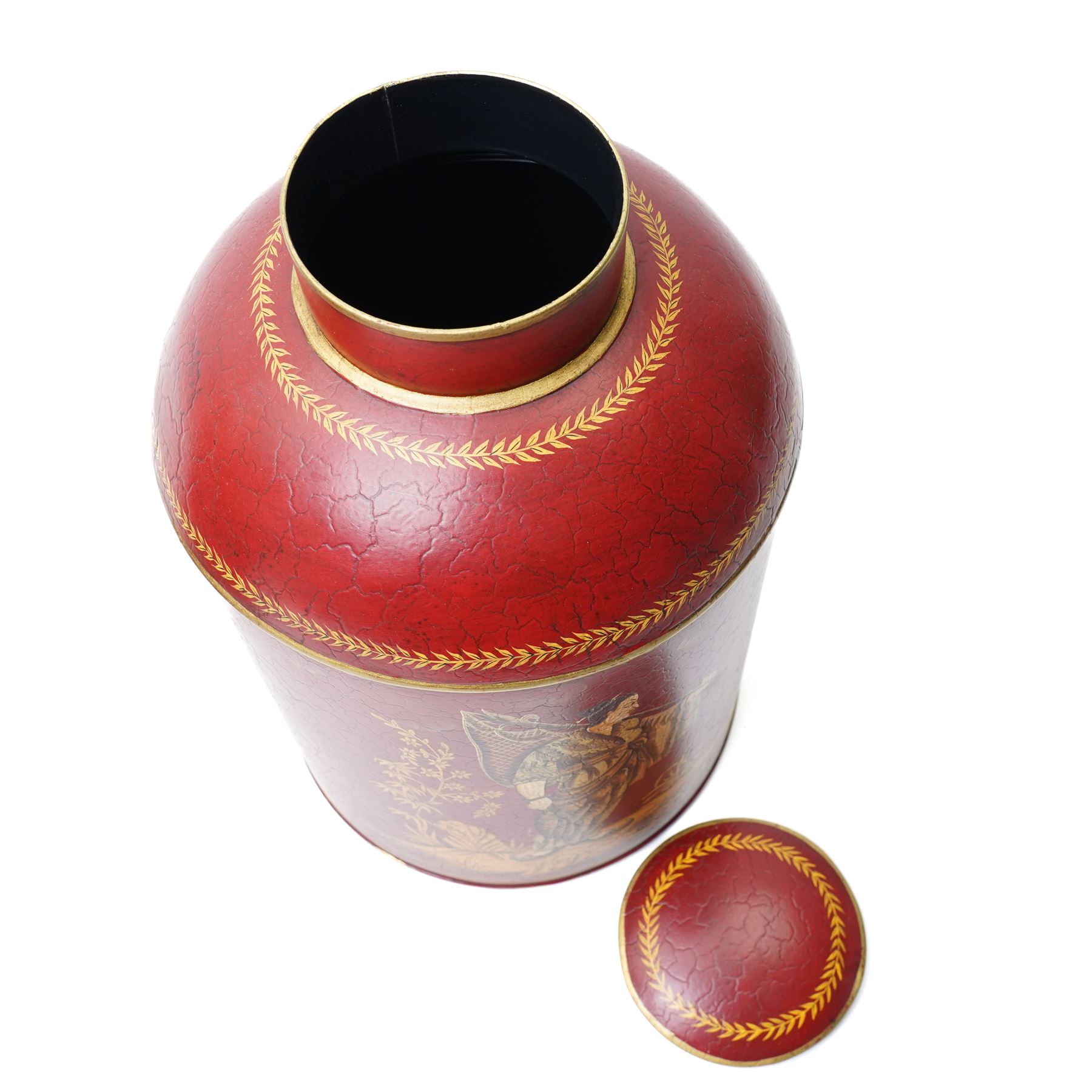 Pair of red toleware style tea cannisters, painted with fishermen, H36cm 