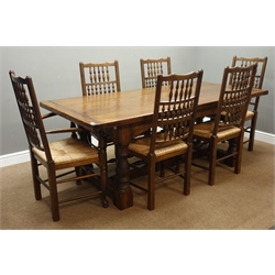  20th century oak refectory dining table, rectangular bread boarded planked top, turned supports with stretcher (199cm x 82cm, H76cm), and set six (4+2) dining chairs, spindle back with rush seats  