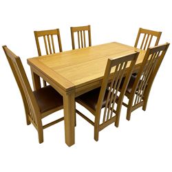 Multi-York - light oak dining table, rectangular draw leaf extending top, on square supports; together with a set of six chairs high back dining chairs with brown leather upholstered seats 