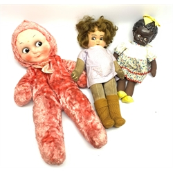 Chad Valley 'Bambina' Mabel Lucie Attwell style doll with applied hair and inset glass eyes H46cm; Merrythought pink plush nightdress case as a baby with inset glass eyes; and a Topsie doll with celluloid head (3)