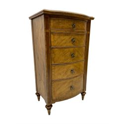 Frank Hudson - mid-20th century Mindi ash and burr walnut bow-fronted lingerie chest, crossbanded hinged top concealing vanity mirror, over five graduated cockbeaded drawers, raised on turned supports
