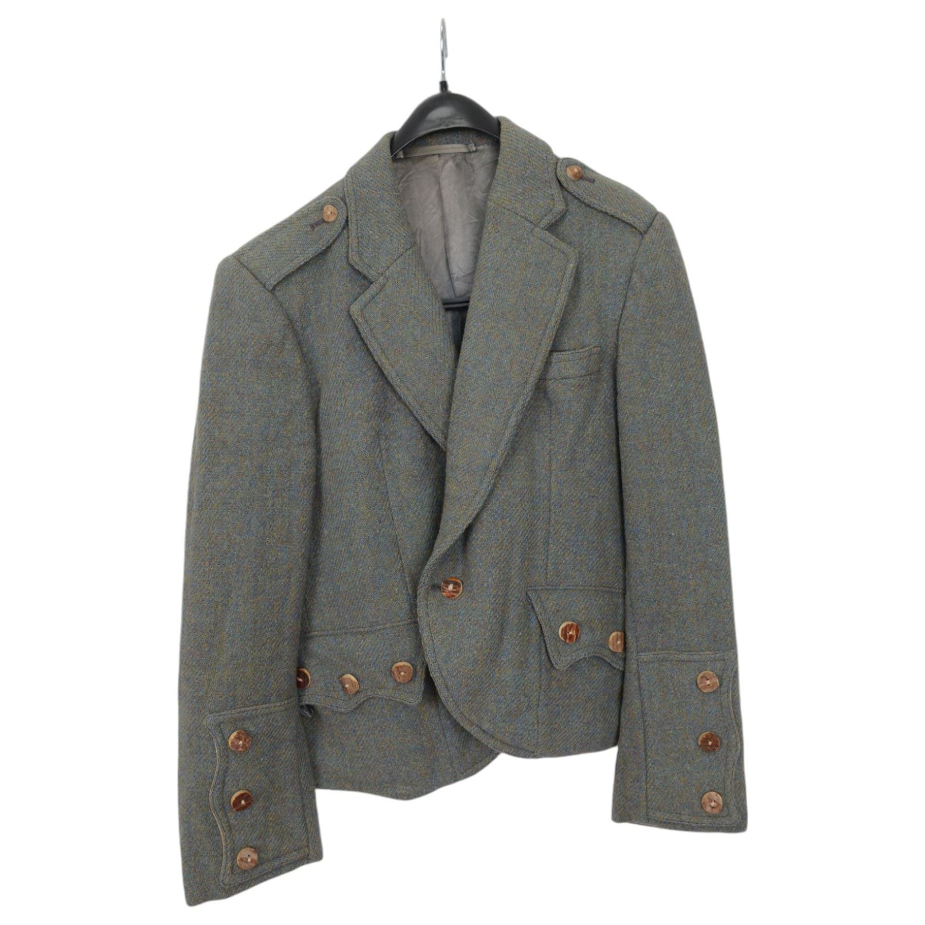 Set of mid 20th century bagpipes, with McLeod chanter, Royal Stuart cover, tassels, ribbons and spare accessories, contained within a wooden carry case, together with a Scarborough Highland Pipe Band uniform, comprising black highland dress jacket, Royal Stuart kilt, Glen Garry hat, Swinging Six sporren, Sgian Dubh knife, piper's dirk with knife and fork, etc