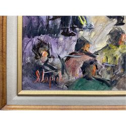 Charles T Stepule (American 1911-2006): 'Preservation Hall' Jazz Band New Orleans, acrylic on canvas laid onto board signed, titled and dated 1992 verso 39cm x 49cm 