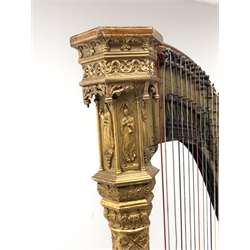  Erard inlaid giltwood and bird's eye maple framed forty-six string Gothic concert harp inscribed 'Sebastian Erard Patent no. 6294, 18, Great Marlborough Street, London', hexagonal column carved with figures to the capital and with overlaid gilded stylised flowers to the stepped base, seven pedals, W93cm, H177cm  
