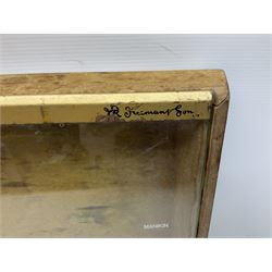 Benson and Hedges countertop glazed display cabinet, the glass hinged lid with white labelling of various cigarettes and cigars, the gilded metal bands with black lettering, W38cm D33cm H8cm