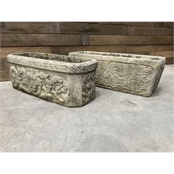 Ornate cast stone rectangular garden planter, lion mask and swag detail, and s similar planter (2)